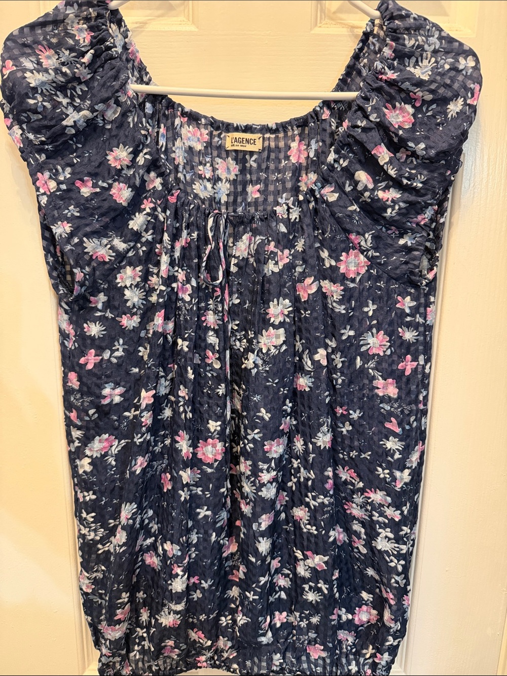 L'AGENCE Navy Floral Peasant Top with Puff Sleeves